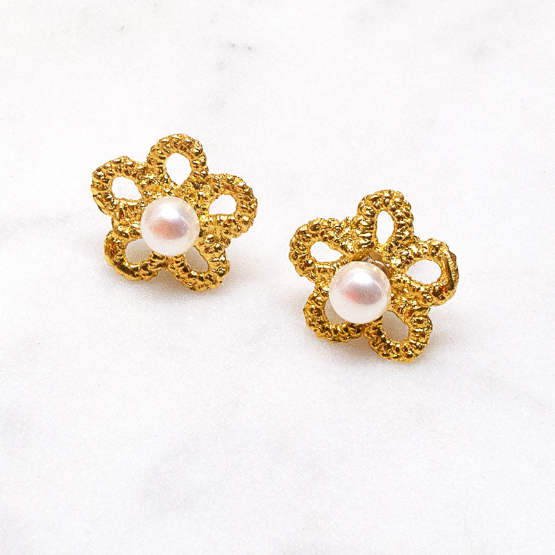 Pink Flower Pearl Stud Earrings